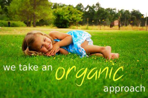 we-take-an-organic-approach A child in a blue dress lies on a green lawn. Text reads "we take an organic approach" with trees in the background.
